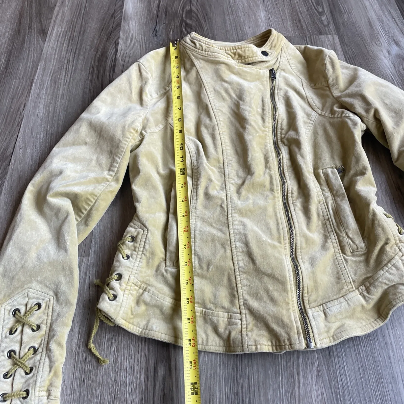 Y2K BNCI Yellow Moto Jacket Women M Yellow Velour Boho Hippie Biker Vintage Brown Size M - Image 6