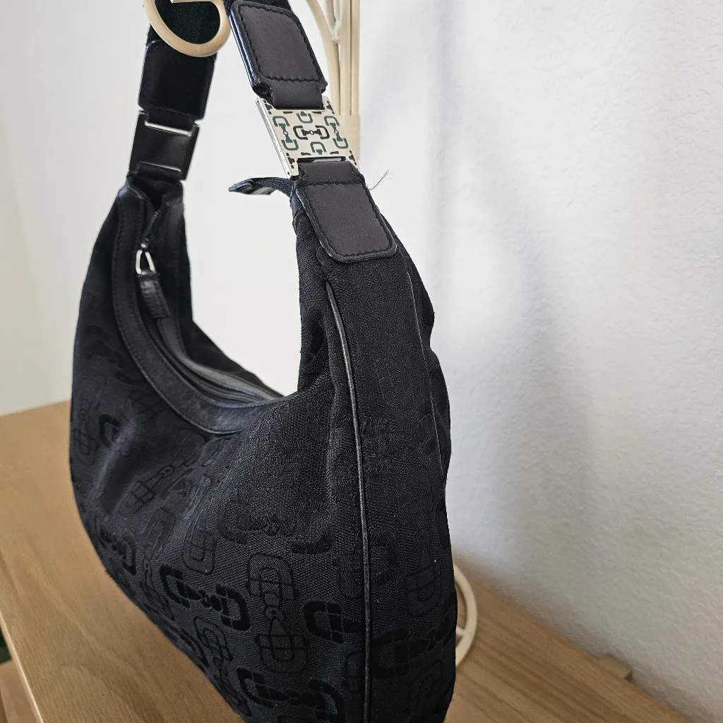 GUCCI Handbag Rare Horsebit Jacquard Canvas Black Green Stripe Bag purse - Image 10