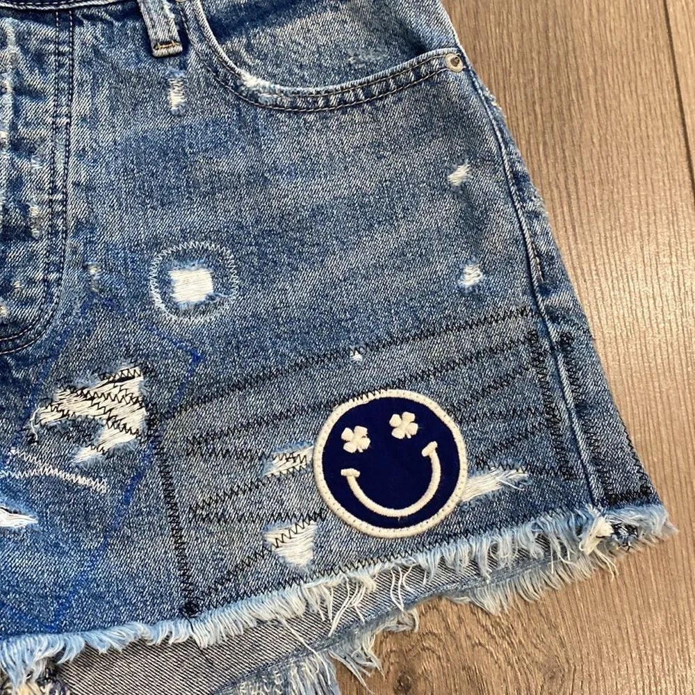 Lucky Brand High Rise Distressed Graphic Button Fly Cut Off Blue Jean Shorts Siz - Image 11