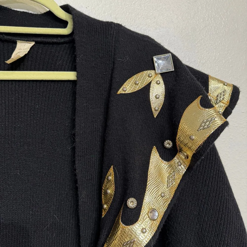 Black Long Line Gold Trim Open Front Vintage Cardigan Sz O/S - Image 6