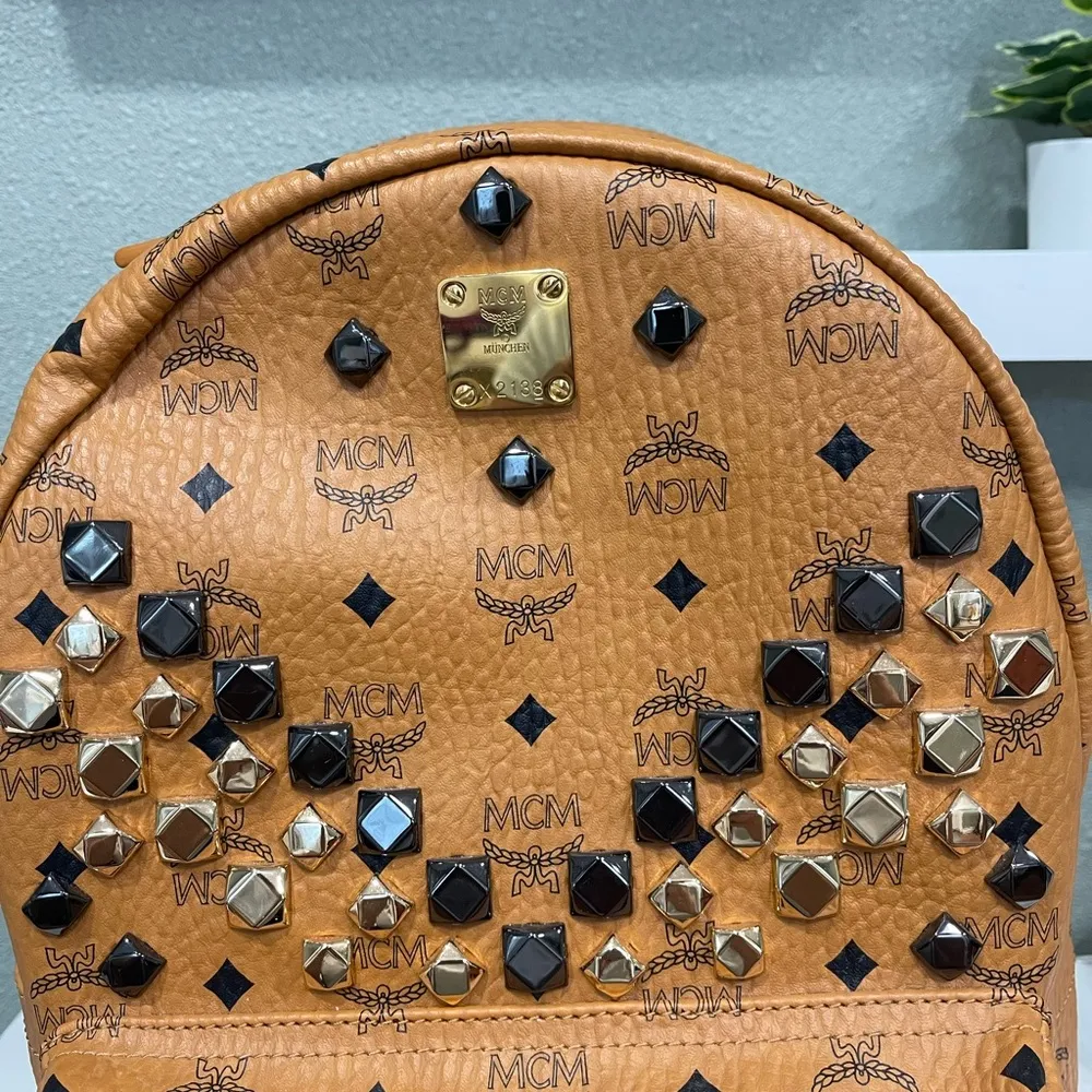MCM Medium Stark Visetos Studded Logo Cognac Canvas Backpack - Image 3