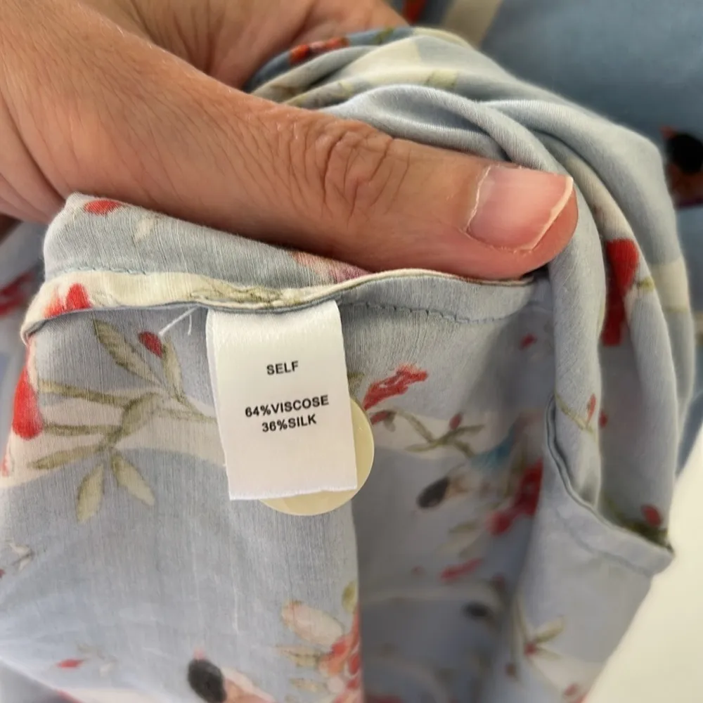 Novelty bird floral blue striped silk viscose button down night shirt M L​​​ - Image 10