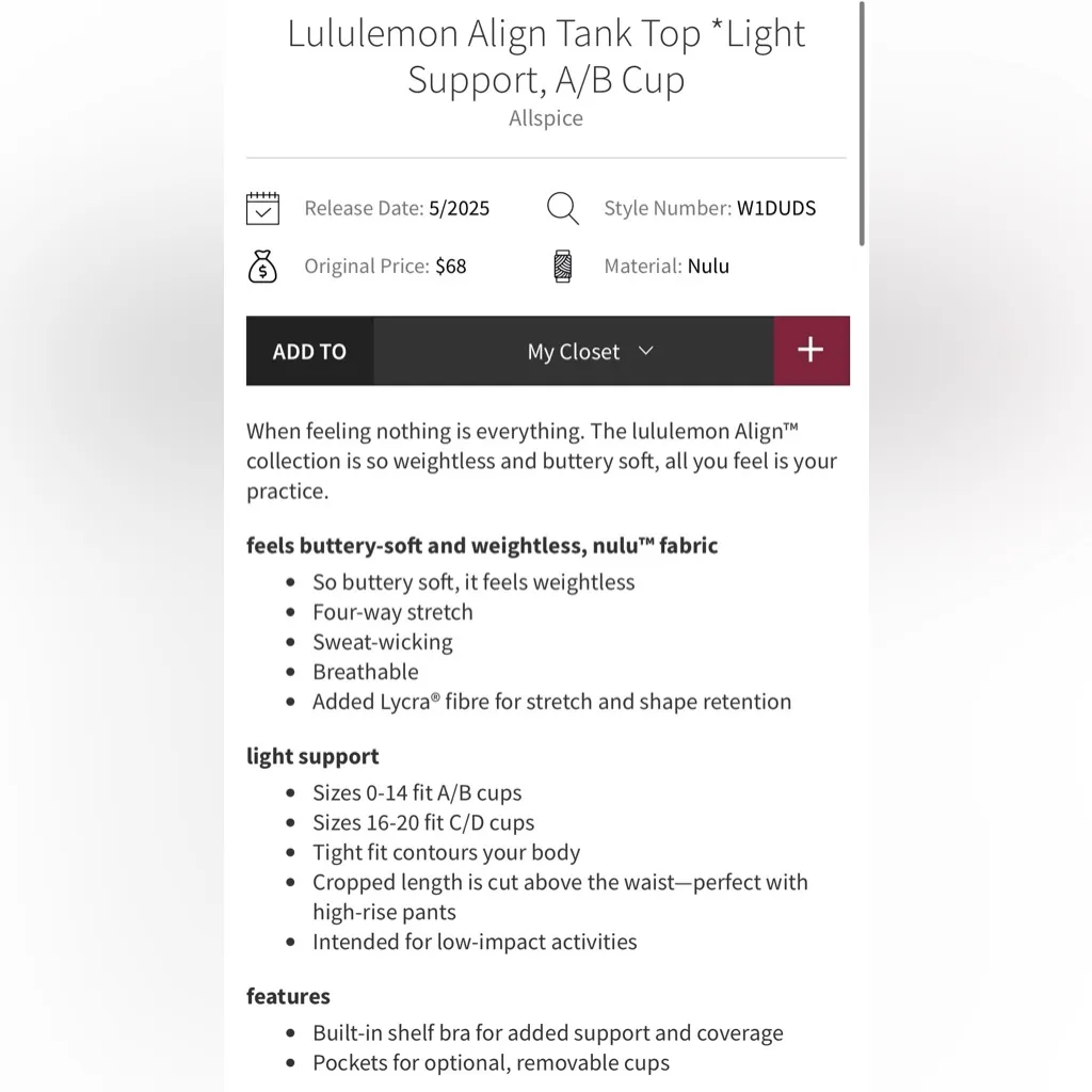 Lululemon NWT Align Tank Top Allspice Size 4 - Image 4