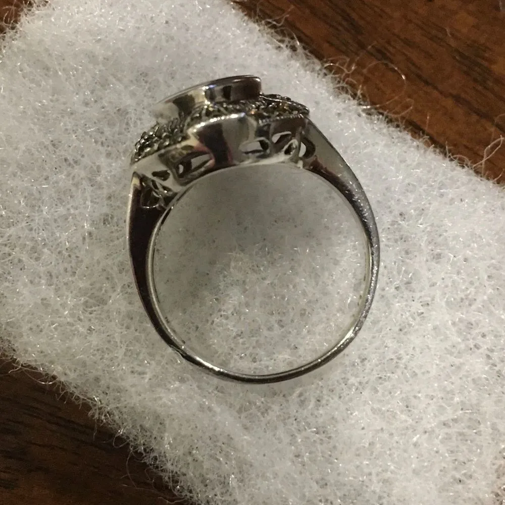 Vintage Marquise Cut Black Onyx Cabochon Sterling Silver & Marcasite Ring Sz 9.5 - Image 9