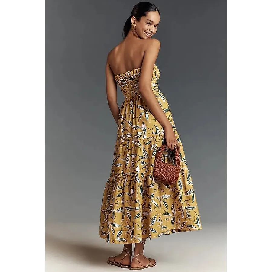 Anthropologie 100% Cotton Yellow Floral Somerset Strapless Maxi Dress Size Large - Image 2