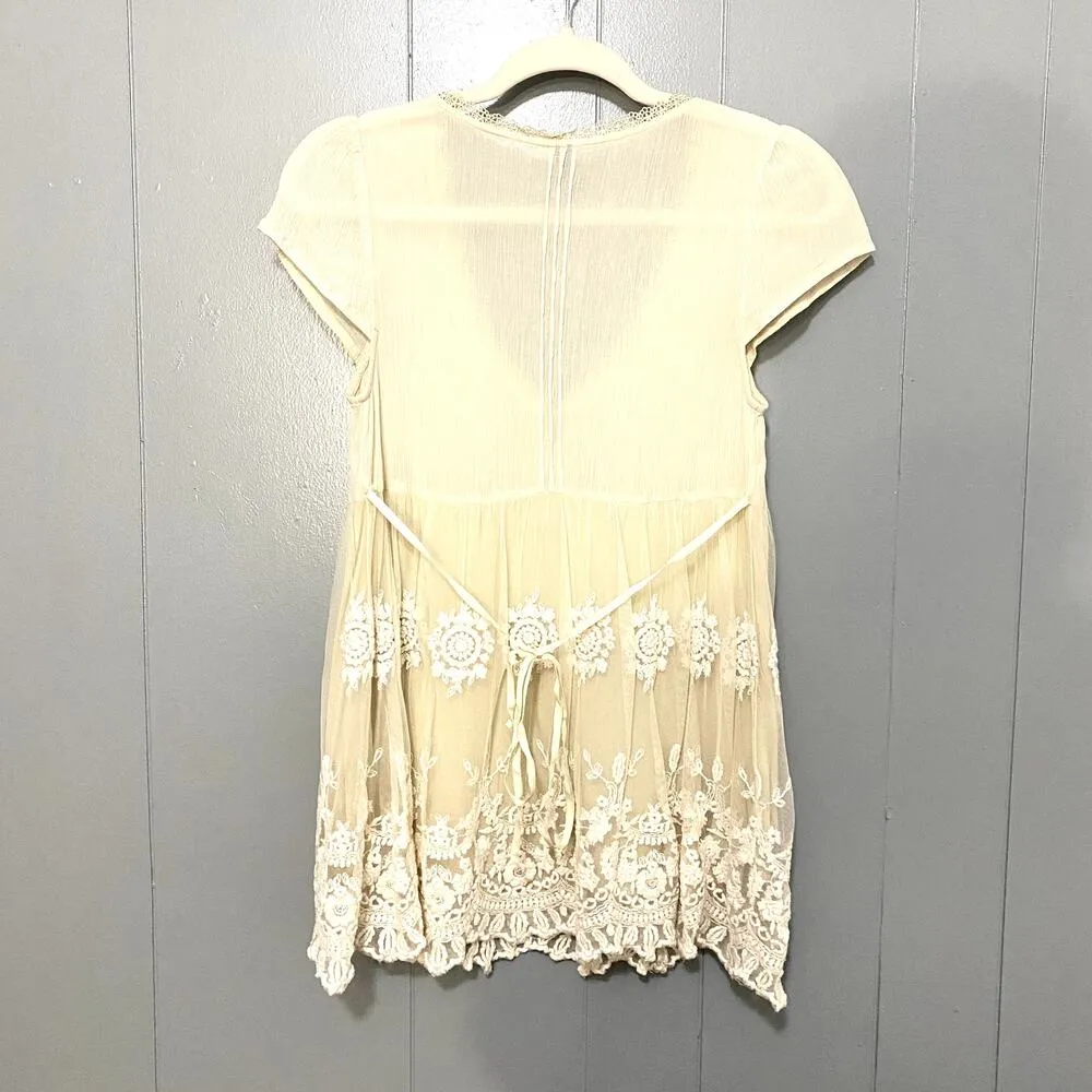 Free People Cream Babydoll Lace Embroidered Short Sleeve Boho Y2K Top S - Image 5