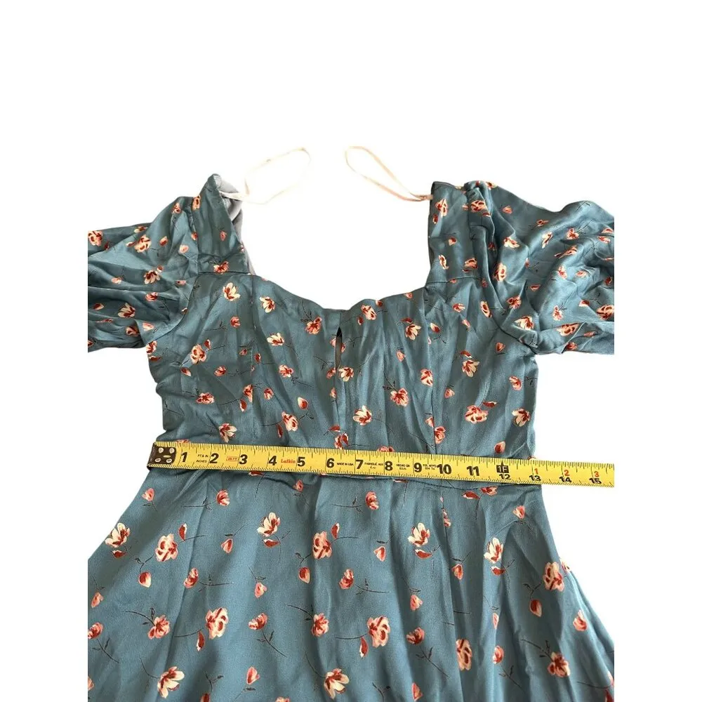 Lulus Gorgeous Days Blue Floral Satin Puff Sleeve Midi Dress Keyhole Detail Sz S - Image 16