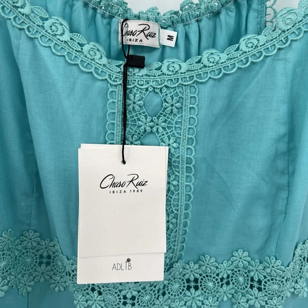 Charo Ruiz Ibiza Volantes Lace Crochet Trim Mini Dress Turquoise Size Medium NWT Blue - Image 8