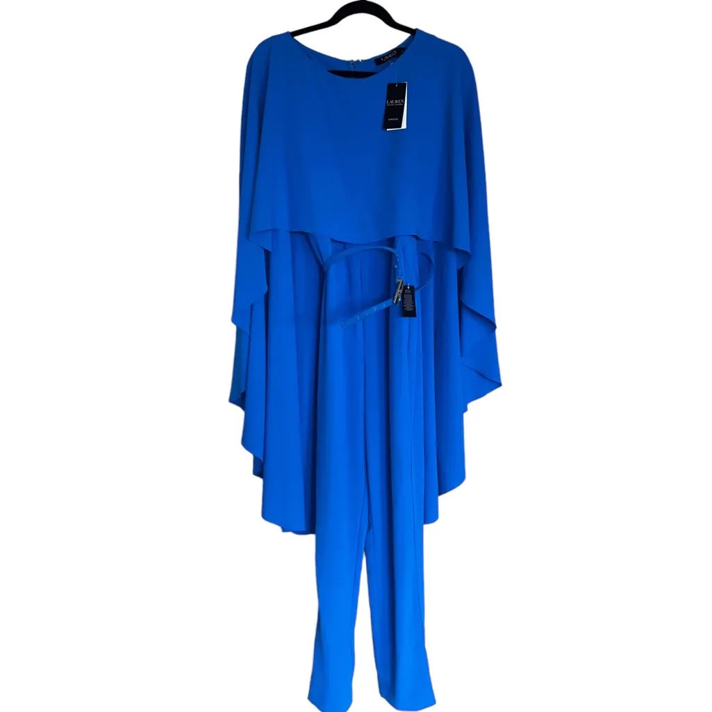 NWT LAUREN RALPH LAUREN Tropic Royal Georgette Cape Jumpsuit SZ - Image 6