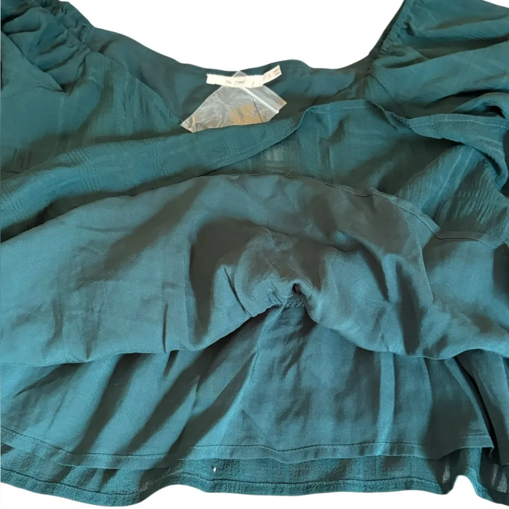 Mi Ami Green Peasant Blouse Cropped Top Sheer Long Holiday Plaid Women Small NWT - Image 5