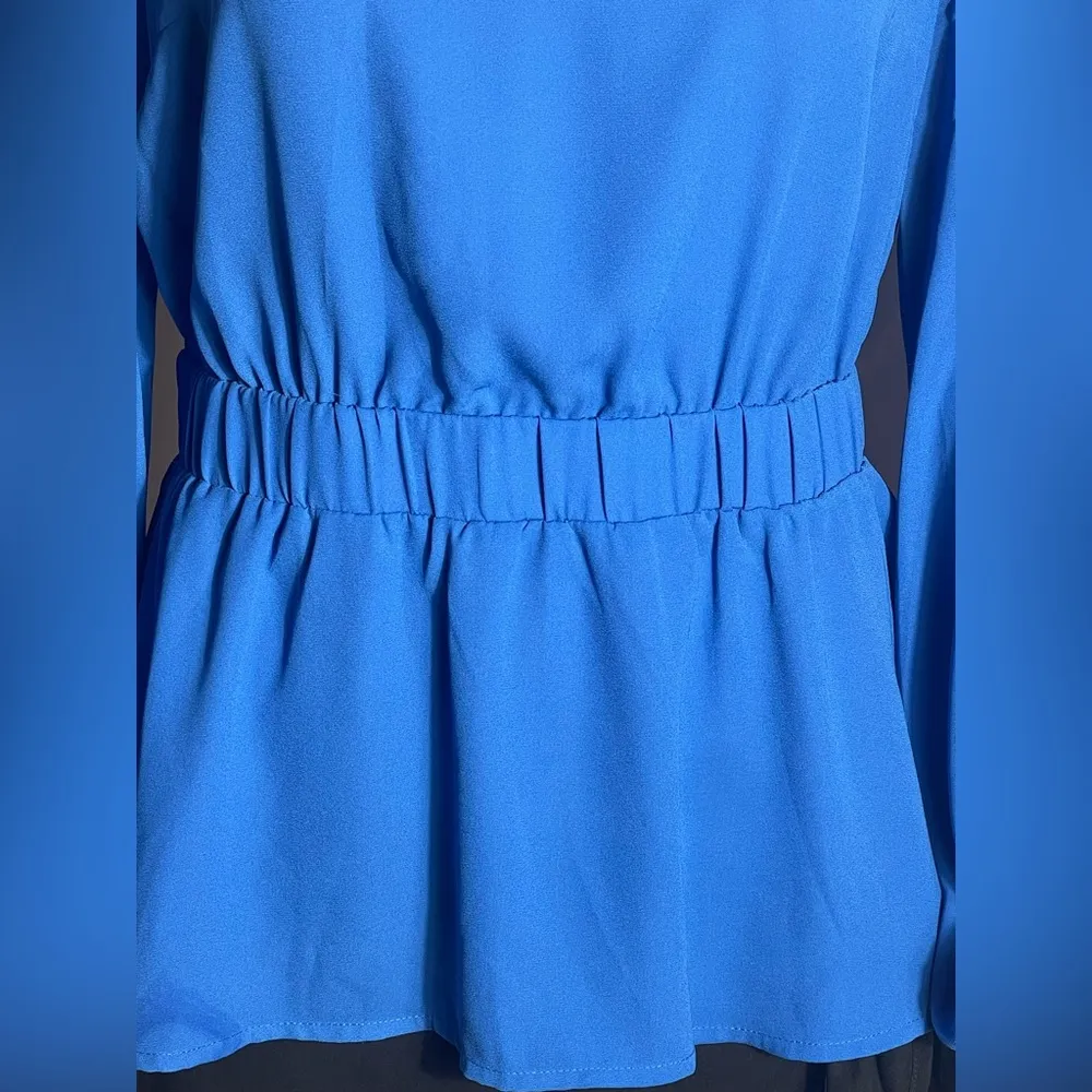 NY&Co Royal Blue Long Sleeve Peplum Blouse M Back Tie Stretch Waist Size M - Image 2