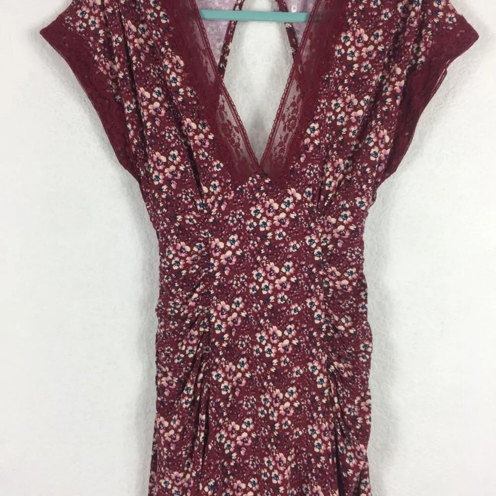 Free People Sweet Talker Lace Mini Dress Size XS Burgundy Floral 90s Grunge Boho - Image 10