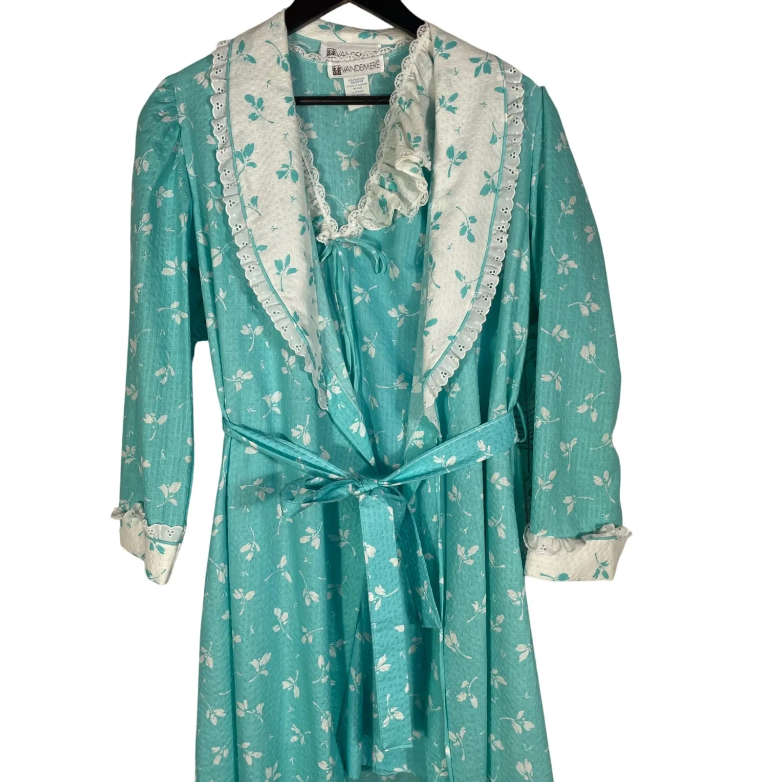 Vintage Vandemere Nightgown Robe Set‎ Women's S/M Aqua Blue Floral Lace Trim USA - Image 5