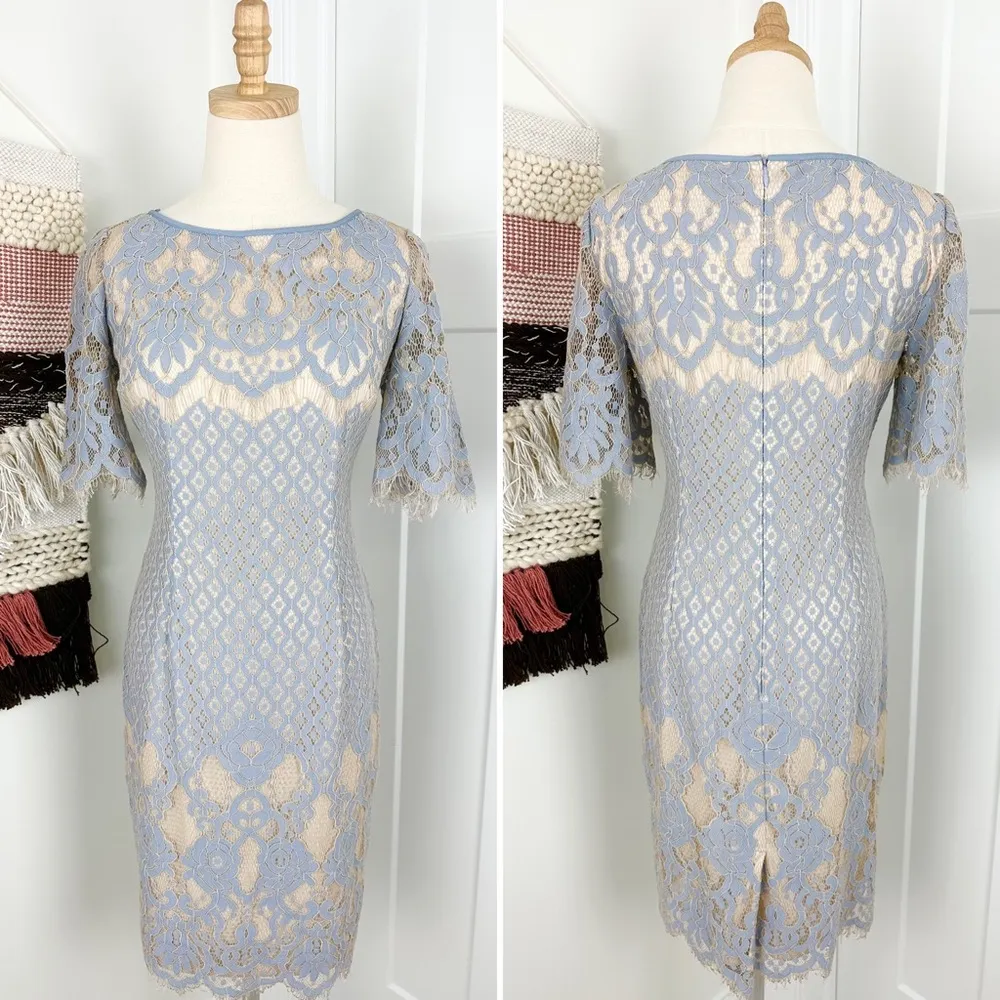 Bell Sleeve Georgia Lace Sheath Cocktail Dress Blue Size 6 - Image 6