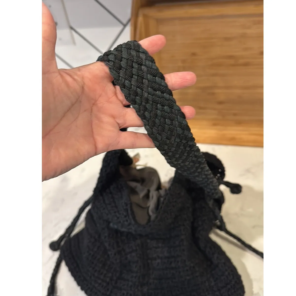 Happy & Free black crochet drawstring bag coastal beach hippie bohemian festival - Image 6