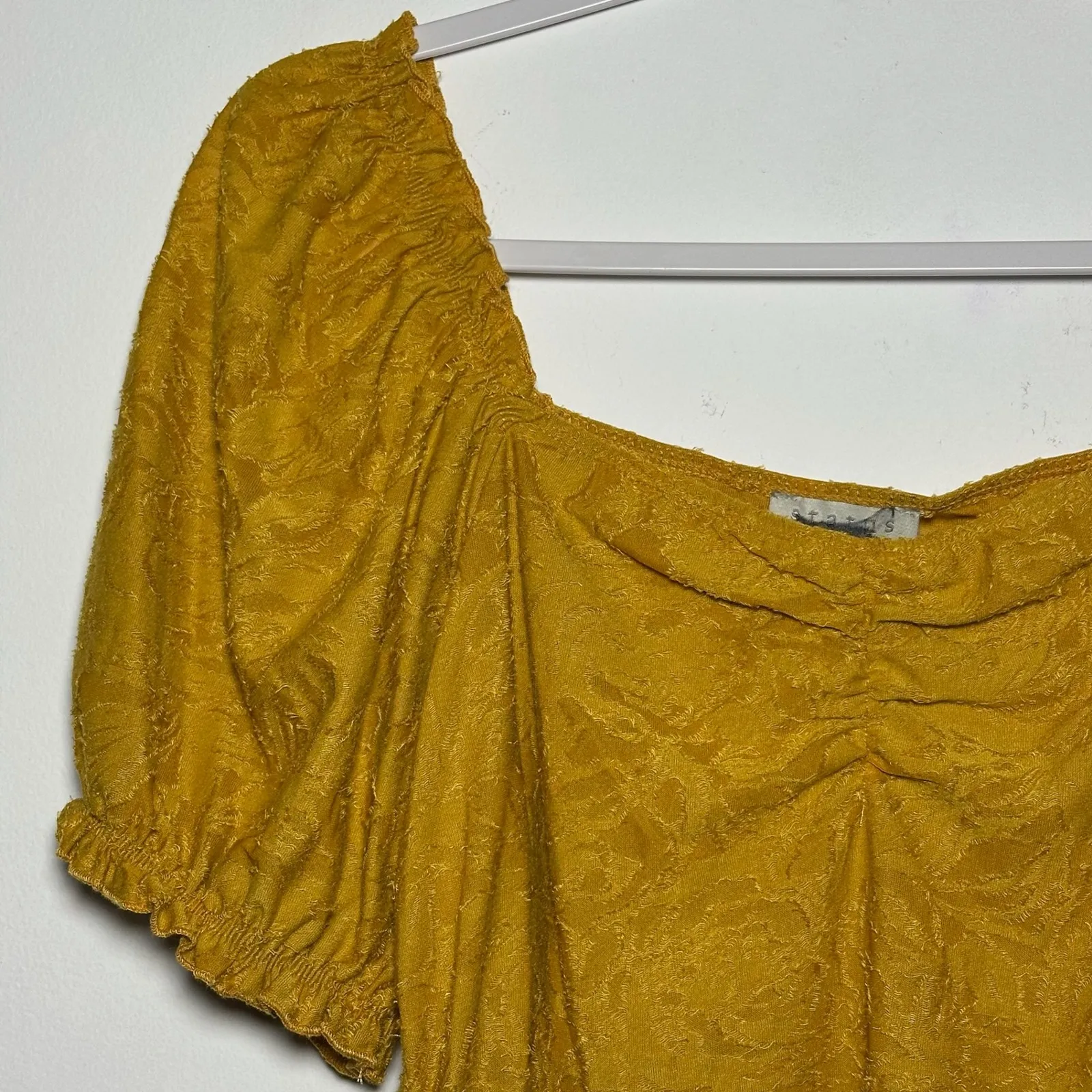 Status by Chennault Mustard Yellow Textured Puff Sleeve Square Neck Top Medium - Image 6