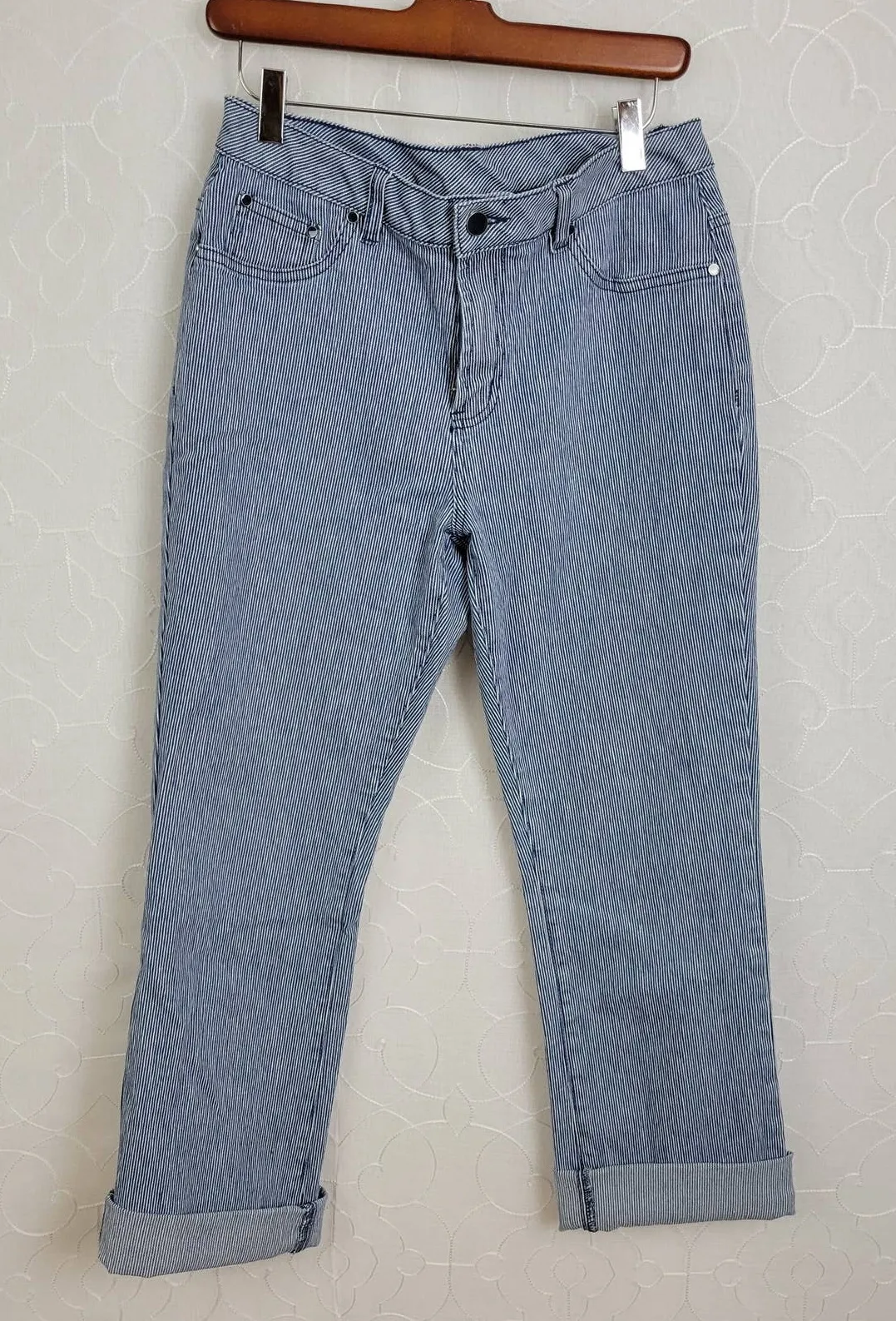 Diane Gilman Womens Jeans Size 8 Blue Denim Striped Cuffed Hem - Image 1