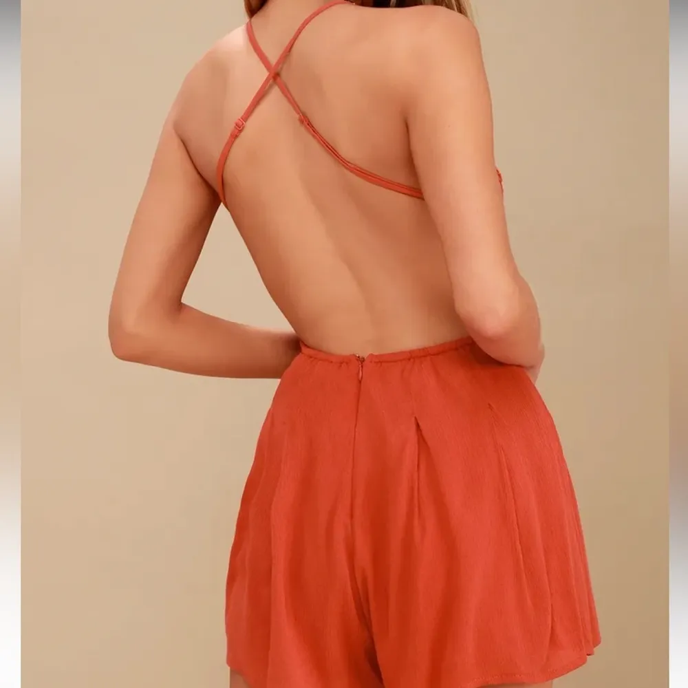 Lulus Star Spangled Rust Red Backless Lace Romper - Image 7