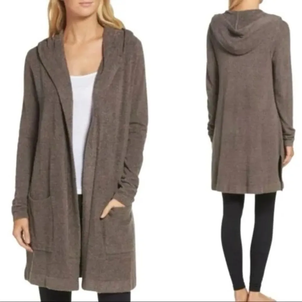 Barefoot Dreams CozyChic Lite Relaxed Hooded Cardigan Open Front Pockets Brown L - Image 2