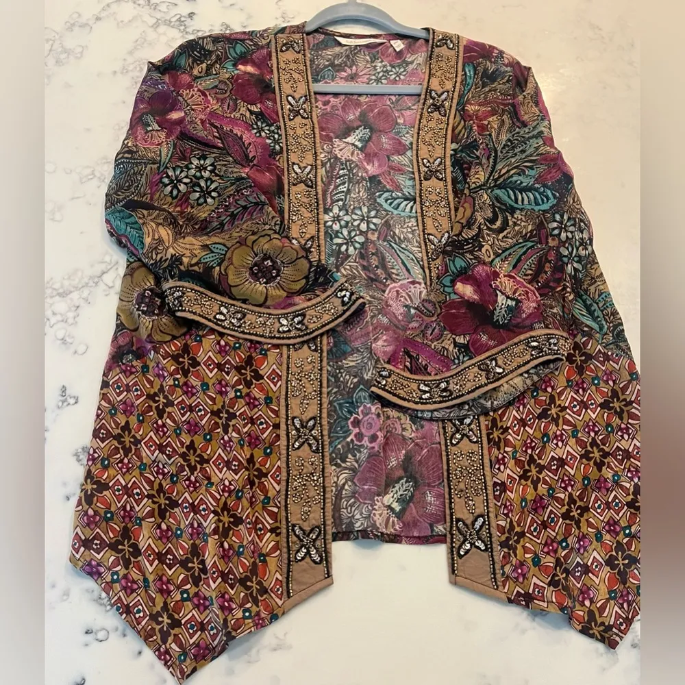 Soft Surroundings Open Front Kimono Floral Sequin Beaded Jacket Topper PXS EUC - Image 4