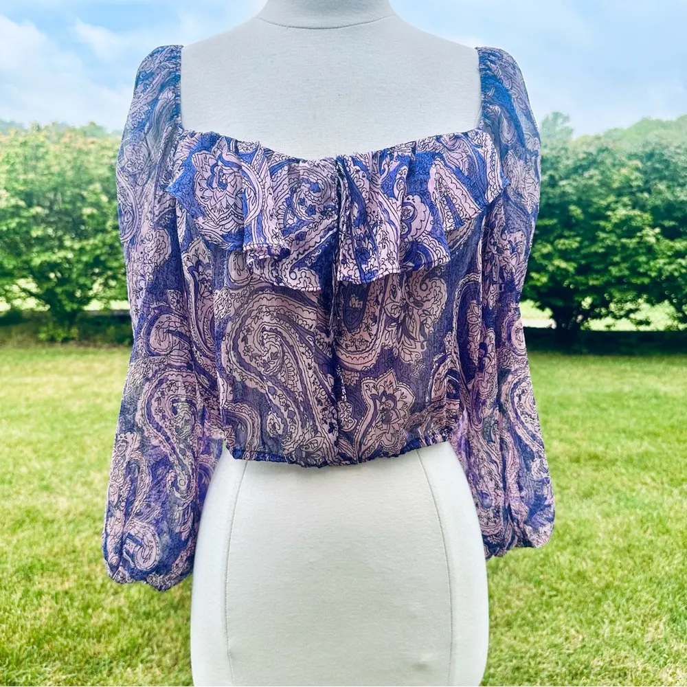 ZARA Purple Cropped Sheer Blouse Top Boho Indie Floral Mauve Ruffle - Image 7