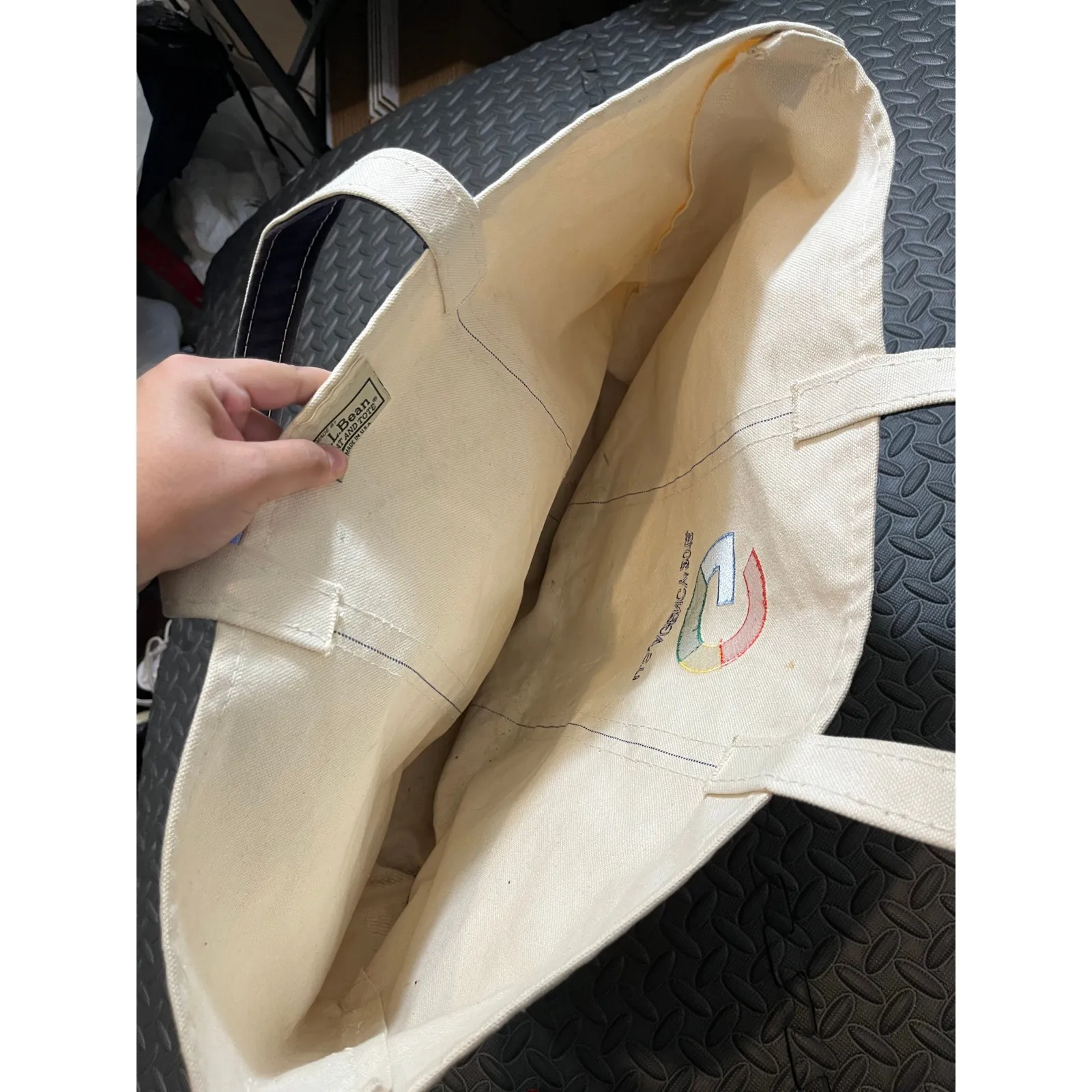 Vintage LL Bean Boat & Tote Bag Natural & Navy Trim Canvas Google Large‎ - Image 9