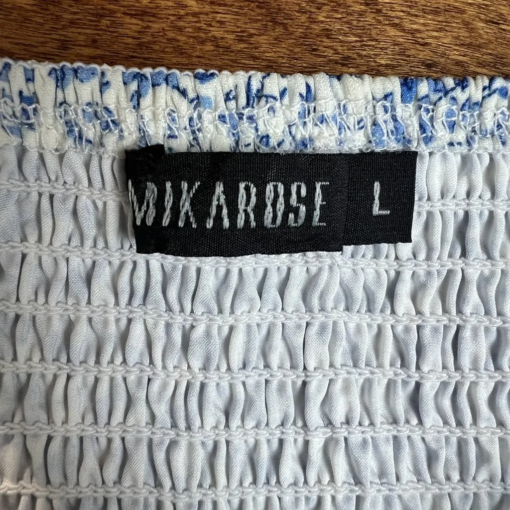 Mikarose Dress Womens Large‎ Blue Floral Puff Sleeve Milkmaid Smocked Pockets L - Image 13