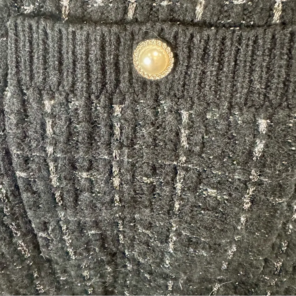Alexis sweater or cardigan in black and silver with pearl buttons size XL - Image 6