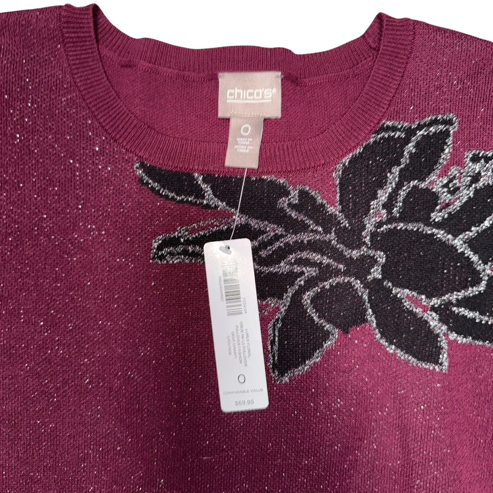 NWT Chico's Burgundy Sparkle Floral Knit Sweater Women's Size 1 - Image 5
