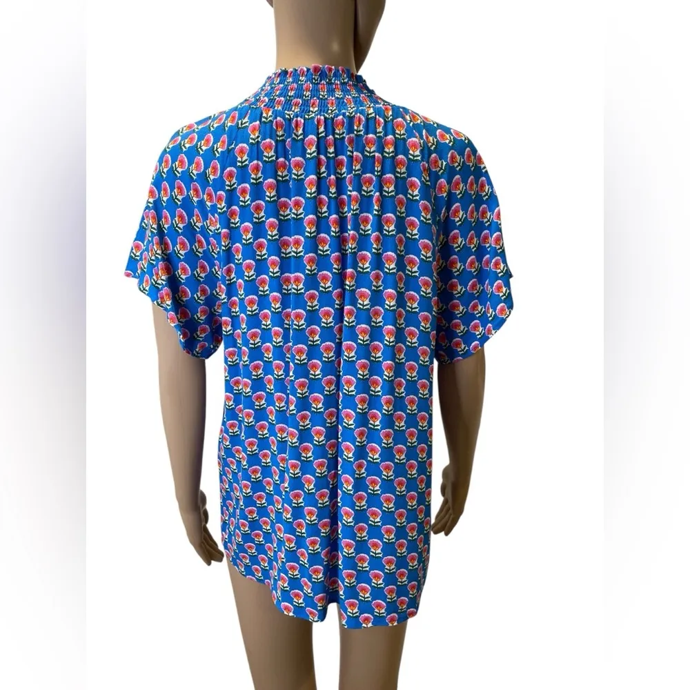 THML Floral Blue Smocked Neck Flower Print Women's Top size L - Image 4