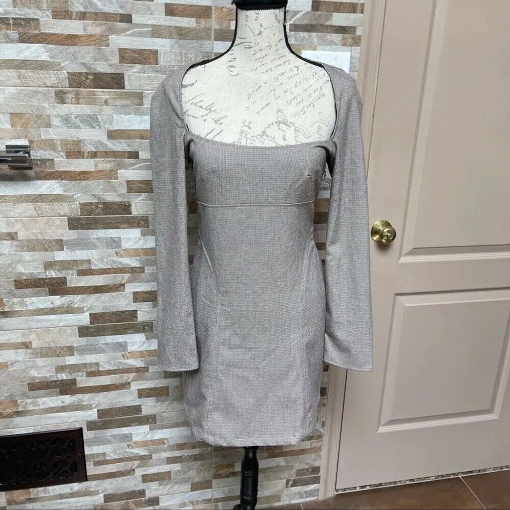 Zara Mini Shift Dress Brown Plaid Long Sleeve Square Neck Business Casual Sz M - Image 5