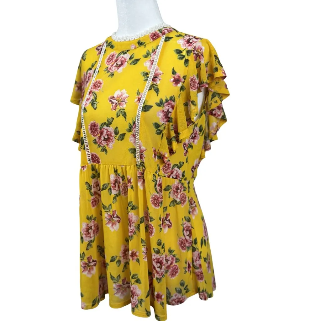 Ivy Rose Size L Womens Floral Yellow Pink Ruffle Top Lace Trim Summer Tunic Size L - Image 4