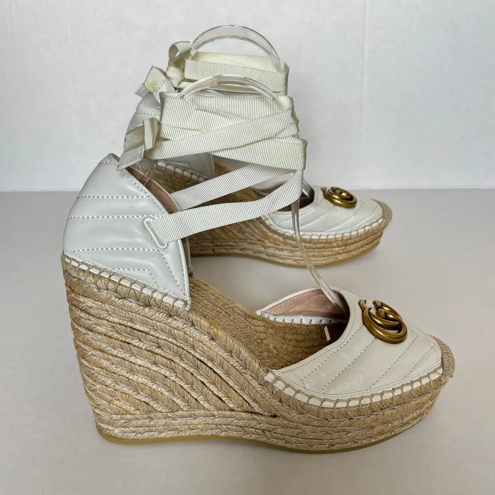 Gucci GG Espadrille Wedge Sandals Ankle Wrap Quilted Matelasse Leather Size 39.5 - Image 6