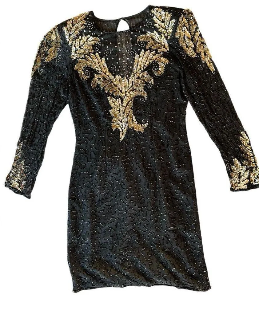 Vintage 80s Laurence Kazar Cocktail Party Black Gold Sequined Beaded Silk Dress - Image 1