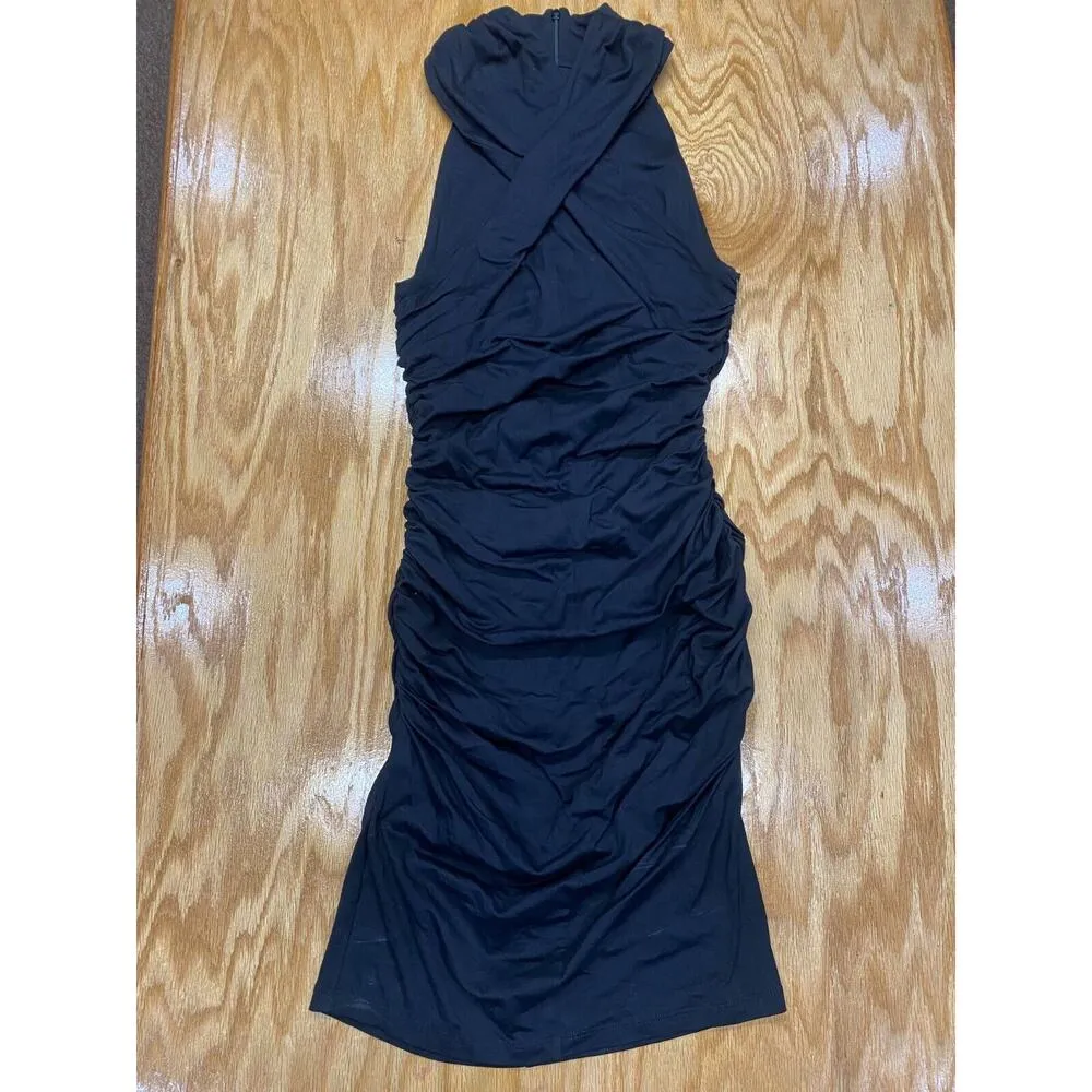 Susana Monaco Bodycon Mini Dress Womens Medium Black Crossover Halter Ruched B48 - Image 4