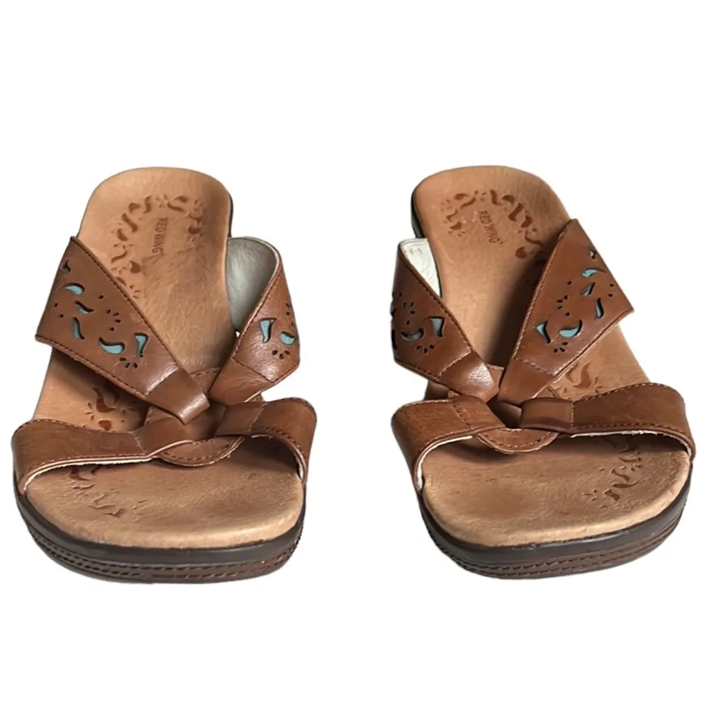 Red Wing Wedge Brown Leather Cut Out Detail Sandals Size 7.5 Tan - Image 5