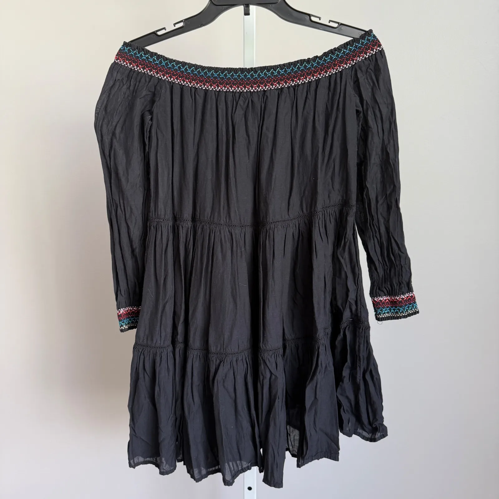 Free People Embroidered Off Shoulder Fairy Dress‎ Black Boho Peasant XS - Image 6