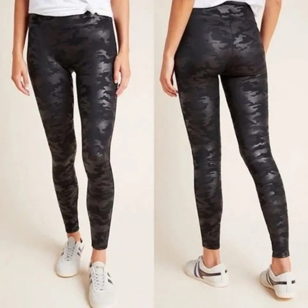 [SPANX] Faux Leather Camo Print Black Matte High Rise Shaping Leggings Size XL - Image 2