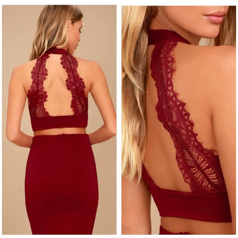 Lulus Burgundy Halter Back Lace Top - Image 2