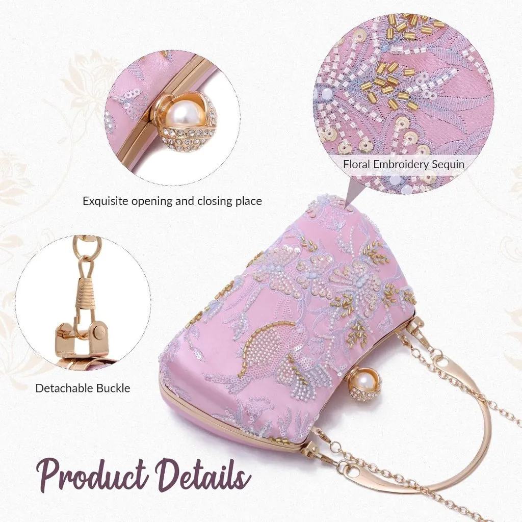 ⚡ Women's Floral Sequin Light Pink Embroidery Evening Beaded Clutch Handbag - Image 6