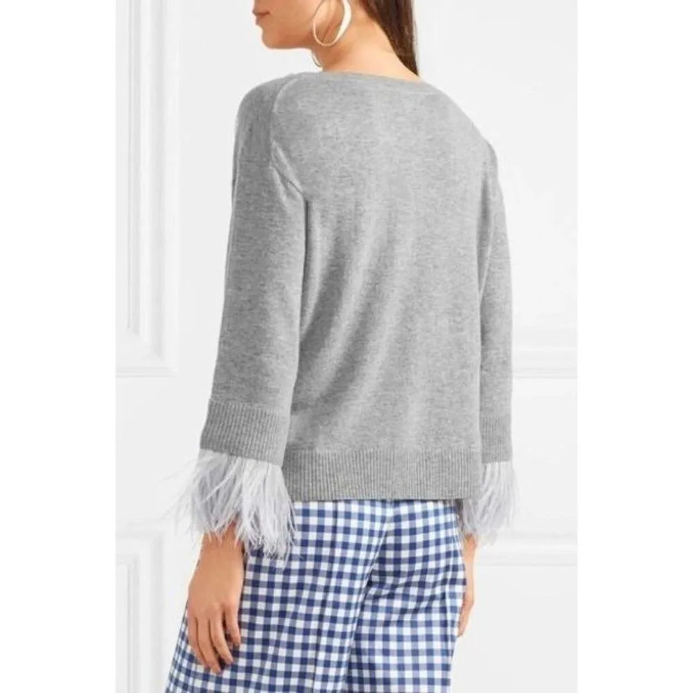 J. Crew Gray 3/4 Sleeves Feather-trimmed Wool-blend Boatneck Party Sweater M - Image 2