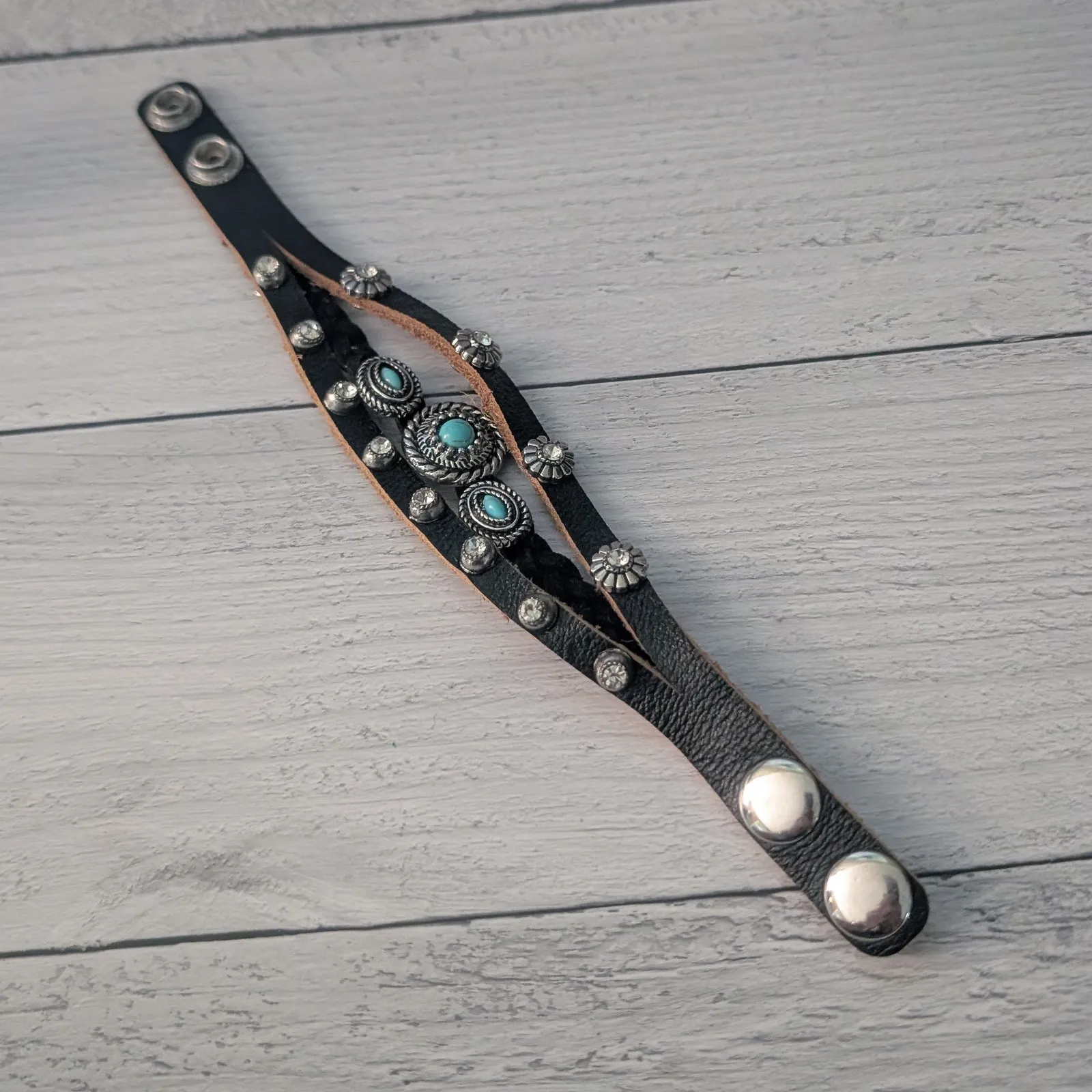 Chunky Statement Bracelet Western Theme Black, Silver Tone, Blue - Image 7