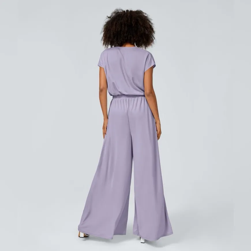 NEW Halara V Neck Short Sleeve Side Pocket Wide Leg Flowy Waffle Casual Jumpsuit - Image 2