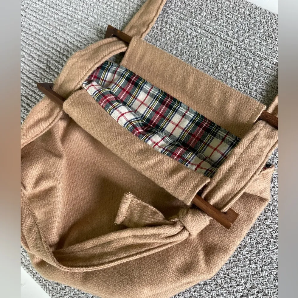 Vintage Camel Tan Wool Plaid Lined Shoulder Bag Purse Fisherman Aesthetic - Image 4