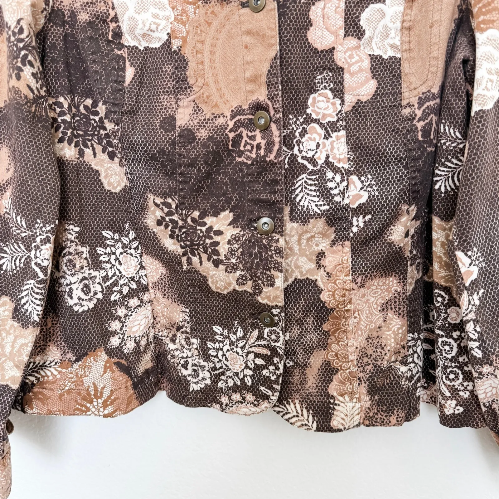 Christopher & Banks Jacket Sz XL Brown Patchwork Floral Boho Forest Fairy Artsy - Image 3