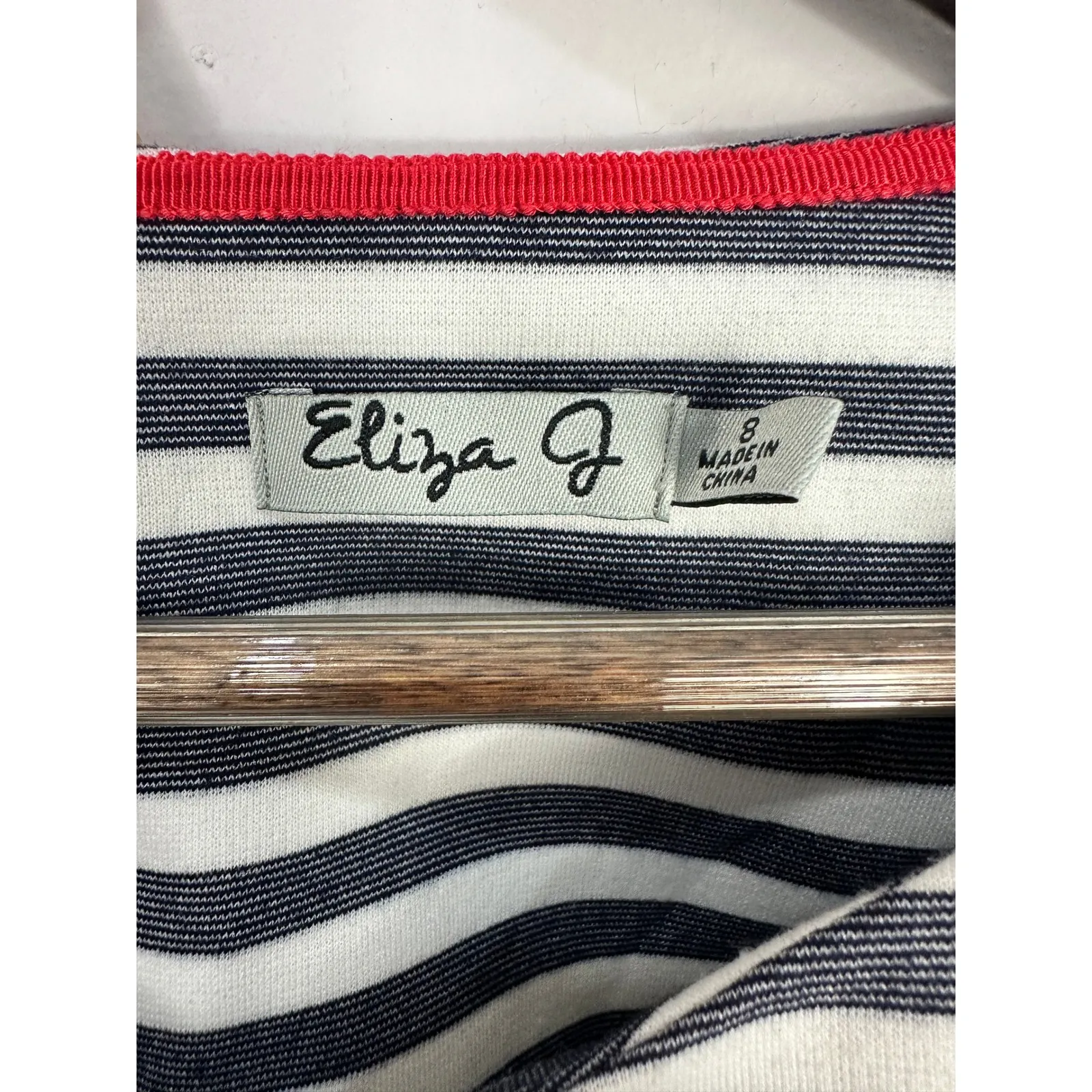 Elize J Striped Shift Dress Womens 8 Blue White 3/4 sleeve Lace Nautical Preppy - Image 2