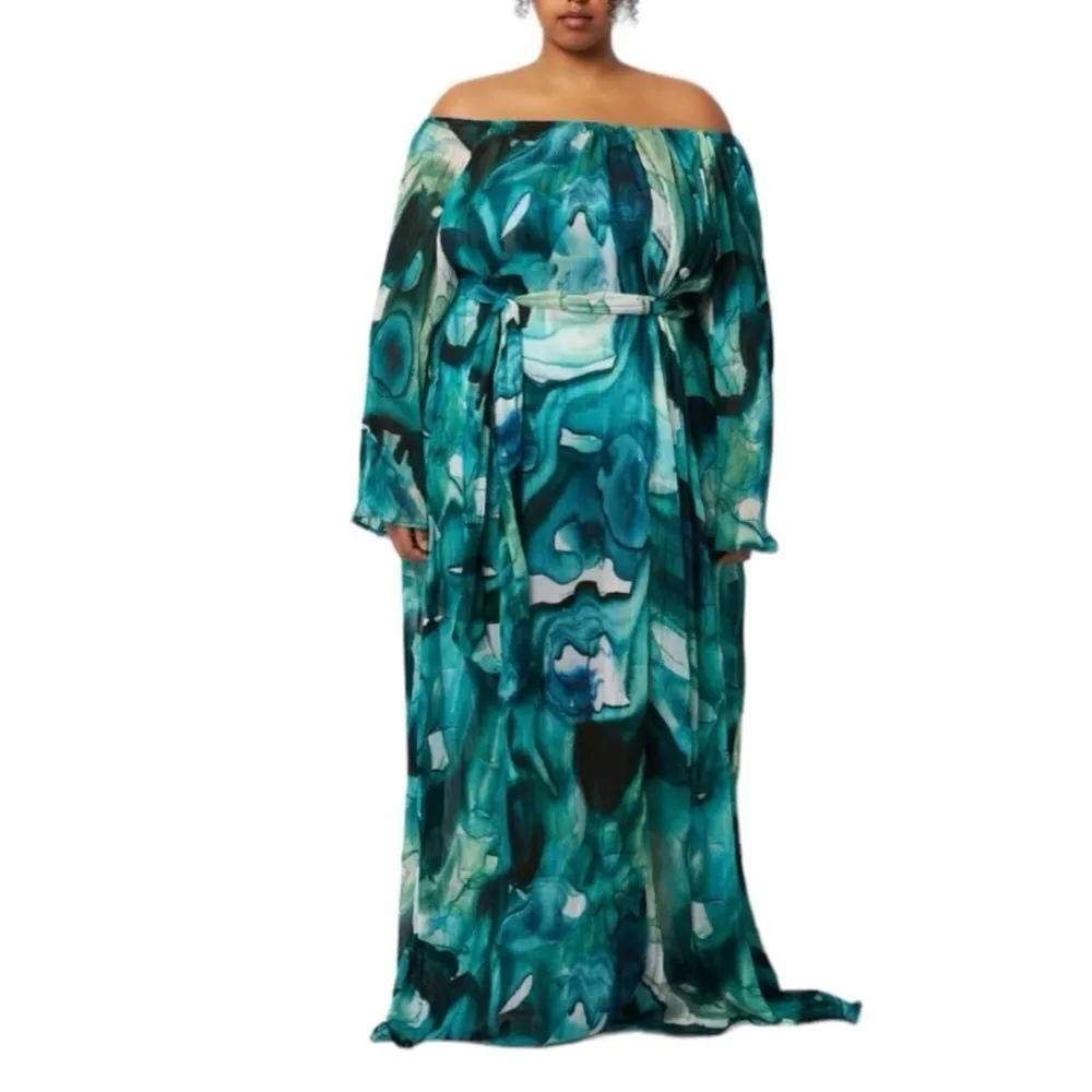 VILLA FRESCA Malia Off The Shoulder Micro Pleated Maxi Dress Blue Size 4X NEW - Image 2