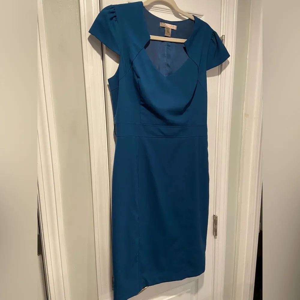 Love 21 Size L Teal Blue Cap Sleeve V Neck Fitted Lined Sheath Dress Belt Loops - Image 5
