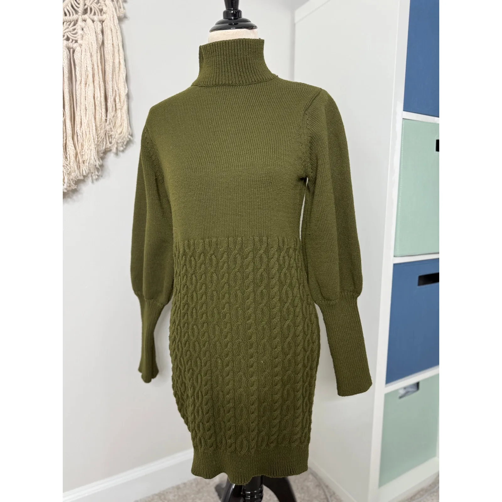 Lulu's Fresh Perspective Olive Green Cable Knit Sweater Dress Small Holiday Xmas - Image 2