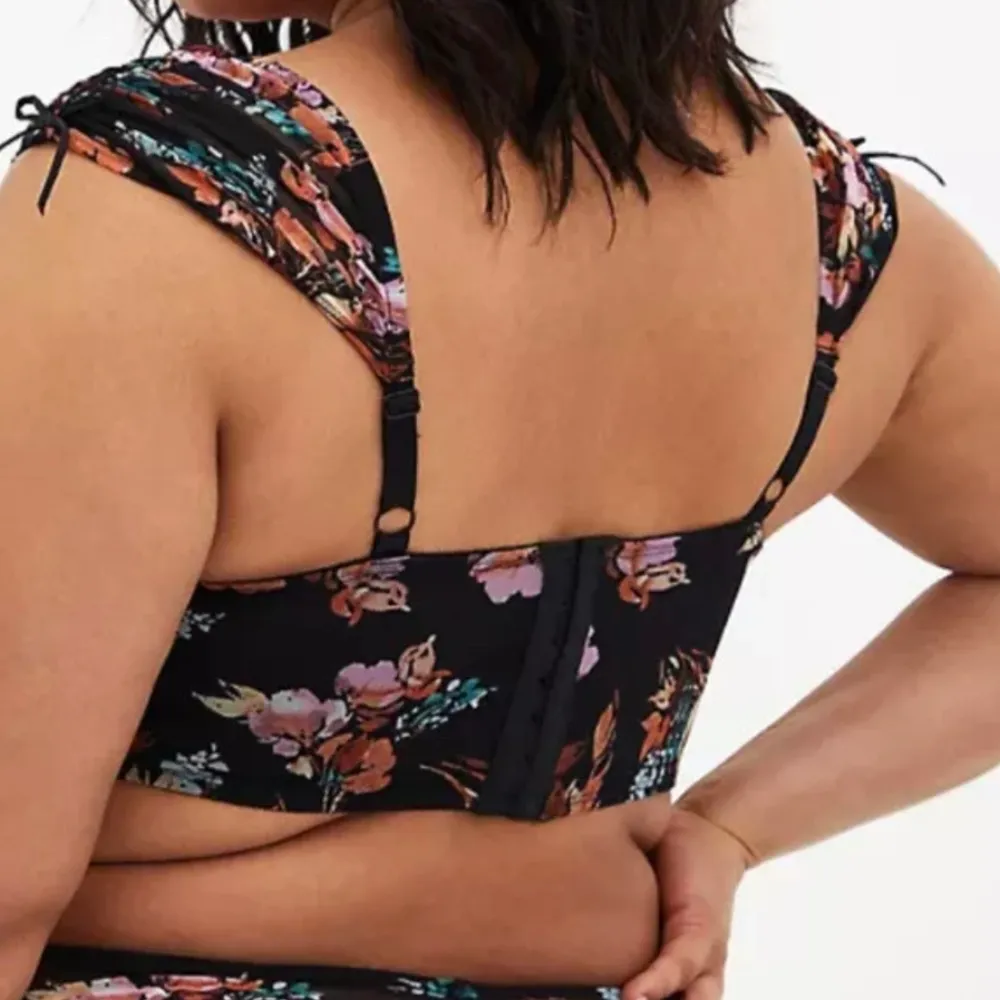 Torrid Black Floral Mesh Drawstring Cap Sleeve Longline Bralette size 0 - Image 3